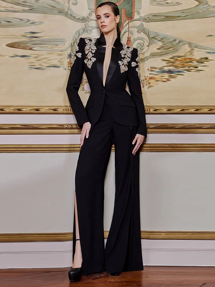 Completo Donna di Alta Moda 2026, Blazer con Colletto Alto e Bottone Singolo Decorato con Perline e Diamanti, Set con Pantaloni a Gamba Larga, 2 Pezzi