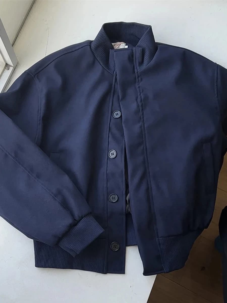 Short Baseball Style Jacket Men's Spring Autumn Cleanfit Silhouette Tinted Blue Flight Jacket Polyester Fiber Long Sleeve Zipper