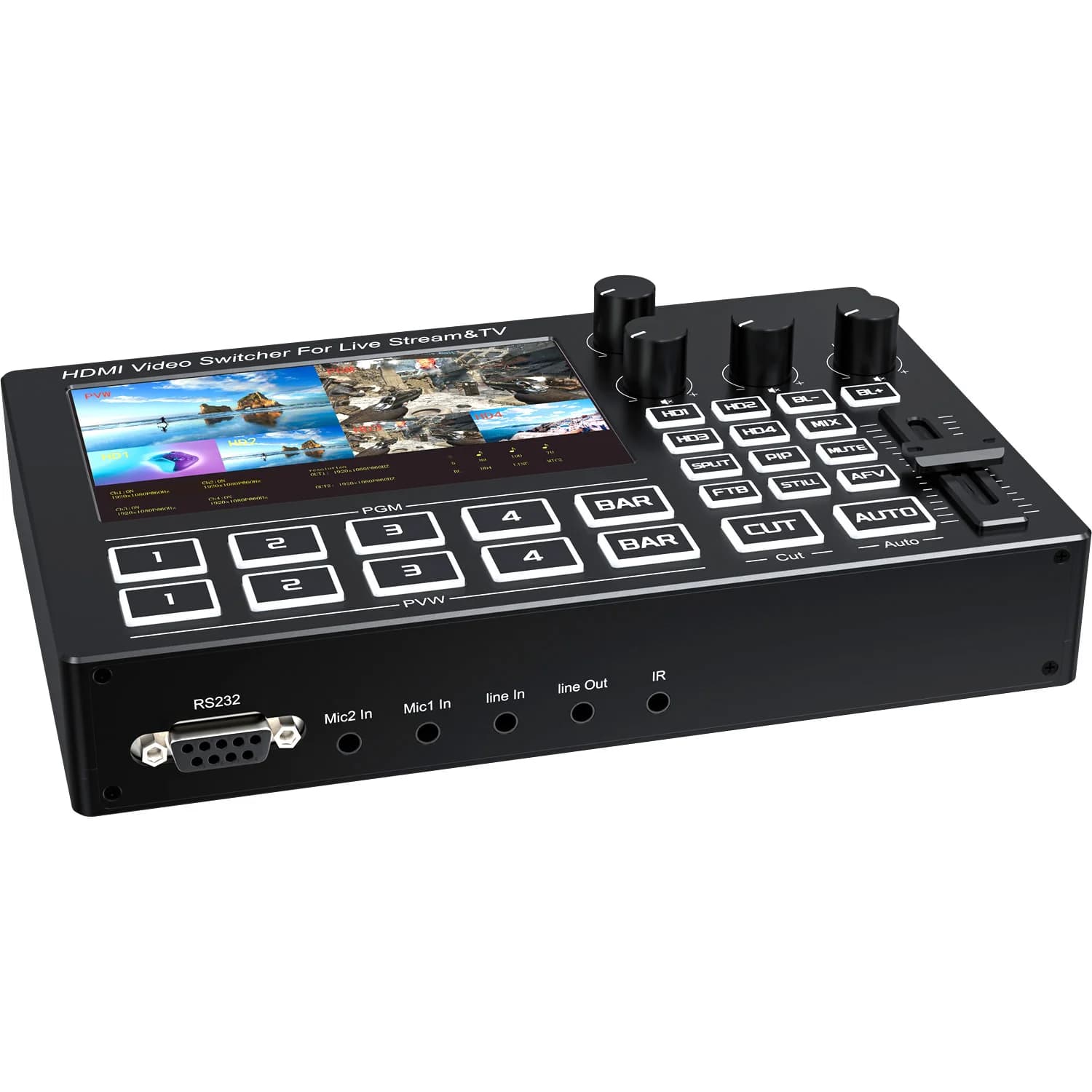 Switcher Video HDMI 1080p 60Hz a 4 Ingressi con Schermo, Mixer Audio con Ingresso Microfono e Linea per Streaming Live, Registrazione e Cattura Video