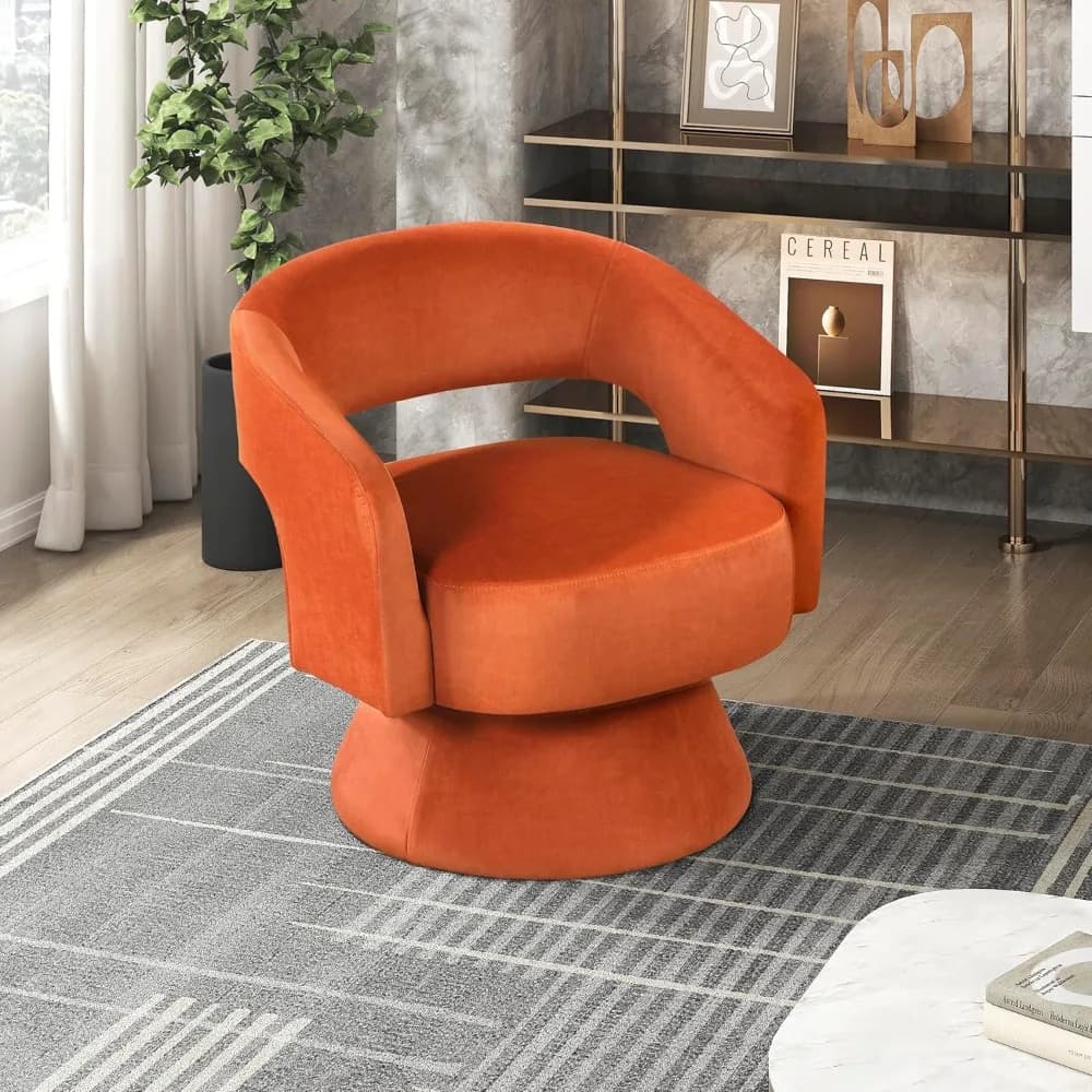 Sedia girevole con accento di grado, sedia moderna e comoda a botte tonda in velluto, schienale aperto, cuscini in schiuma felpata, base girevole in metallo