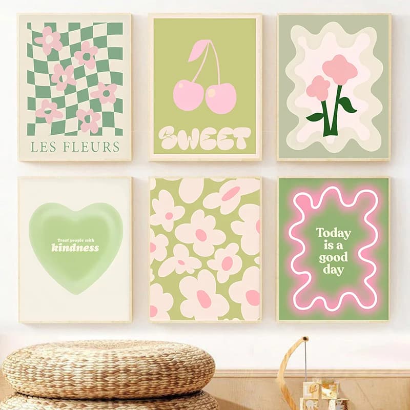 Abstract Green Floral Heart Cherry Posters Danish Pastel Canvas Painting Living Room Wall Art Painted Picture for Home Decor