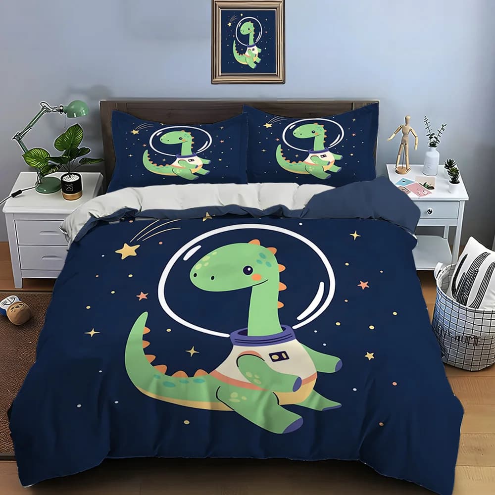 Set copripiumino con motivo dinosauro spaziale e sfondo stellato, set biancheria da letto in poliestere con stampa digitale e chiusura con cerniera, regalo per bambini