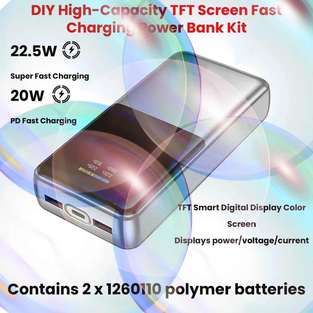Fai-da-Te Kit for Power Bank Portable 22.5W, Motherboard for Quick Refill Bidirectional, TFT Color Display, Battery Case