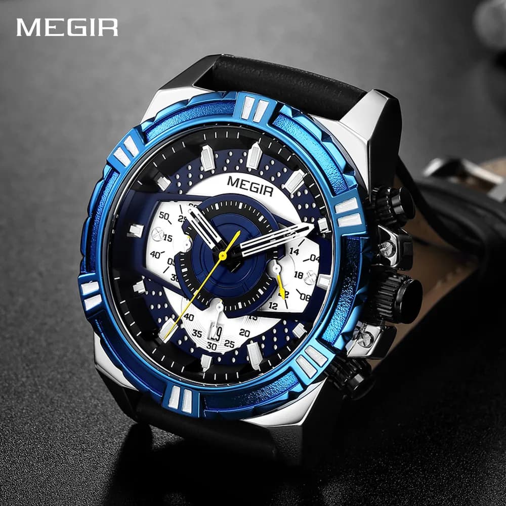 MEGIR Cronografo Orologio da Polso Sportivo da Uomo alla Moda con Cinturino in Pelle, Data Automatica, Lancette Luminose, Impermeabile, Orologio al Quarzo Maschile Relogio