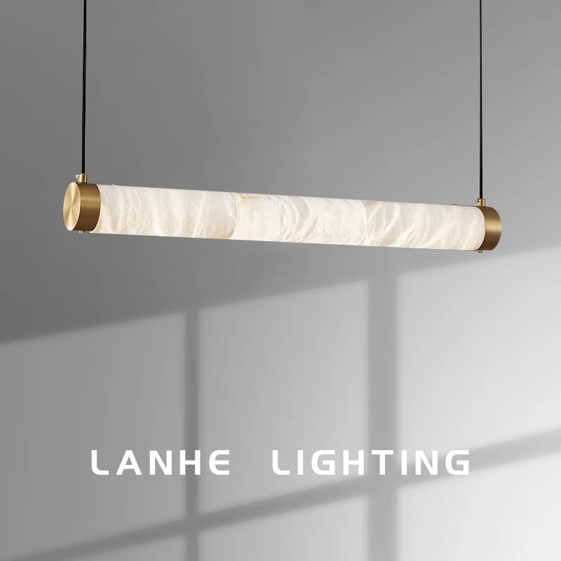 All-copper Marble Dining Room Pendant Lamp Simple Alabaster One-line Long Strip Lamp Bar Counter and Living Room Pendant Lamp