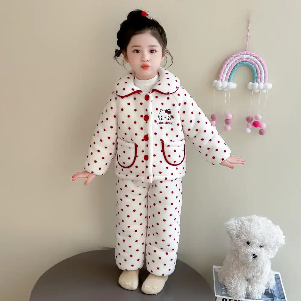 Sanrio Hello Kitty Girls Flannel Pajamas Set Autumn Winter 2025 New Baby Girl Thickened Warm Coral Velvet Home Clothing Cute