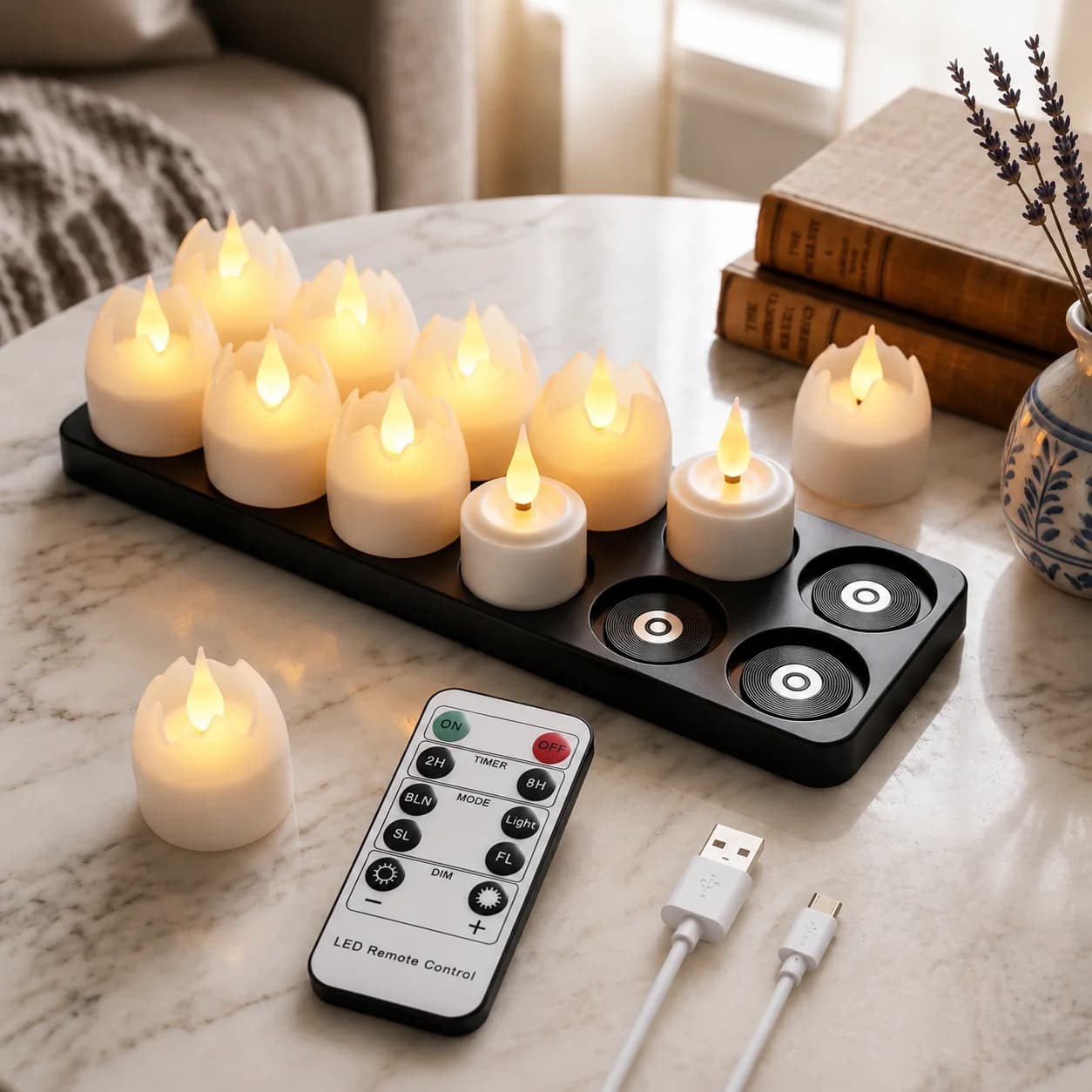 Rechargeable Magnetic LED Flameless Tea Lights with Charging Base Remote Control Timer Dimmable Candles Tabletop Ornament