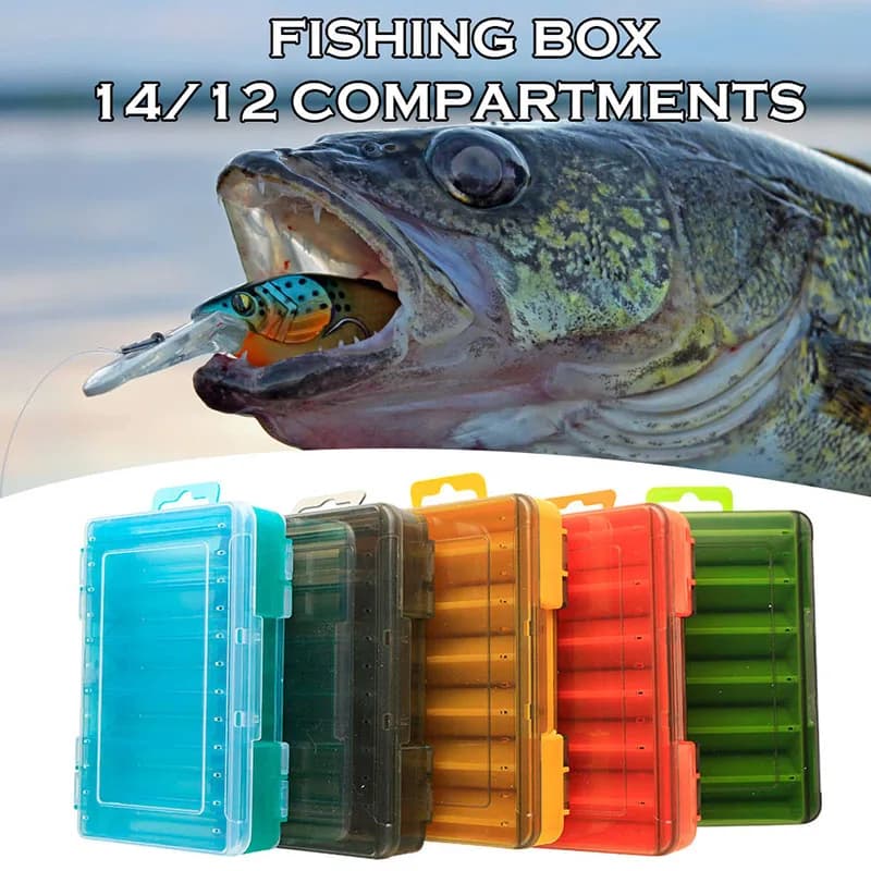 Scatola portatile per attrezzatura da pesca, scatola porta esche a doppio lato, scatola multi-scomparto per accessori da pesca con coperchio trasparente