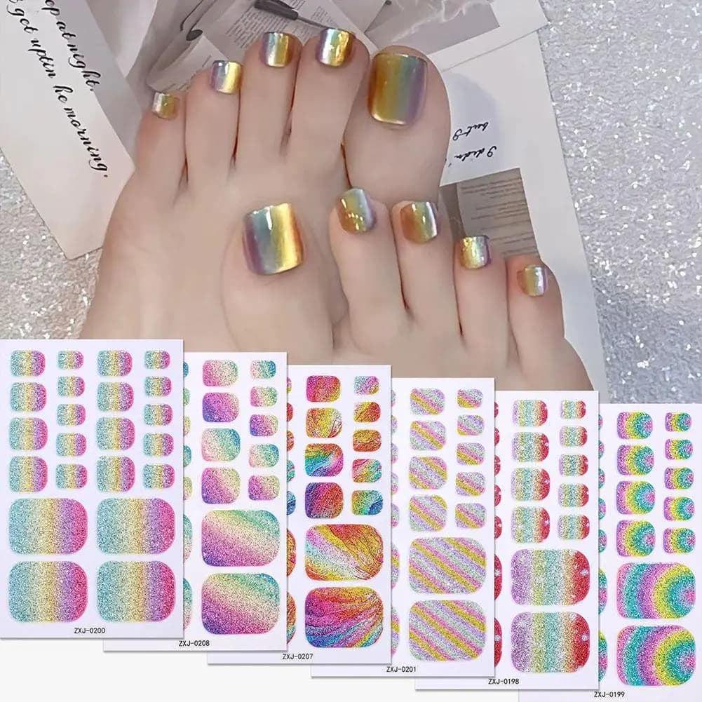 Rainbow Glitter Color Self-adhesive Gel Stickers Toe Nails Waterproof Long-lasting Toenail Stickers Toe Full Cover Toenail Wrap