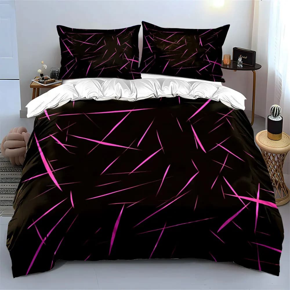 Set di Biancheria da Letto 3 Pezzi Rosa Caldo con Linee Sottili a Spillo, Copripiumino con Stampa a Strisce Inclinata Casuale su Base Nera, 2 Federe, Singolo/Doppio, Regalo