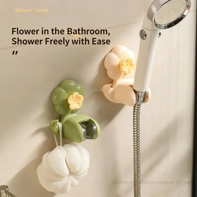 Shower Head Holder No Drilling Suction Cup Double Layer Flower Shape Adjustable Angle Bracket with Hook Universal Wall Mount