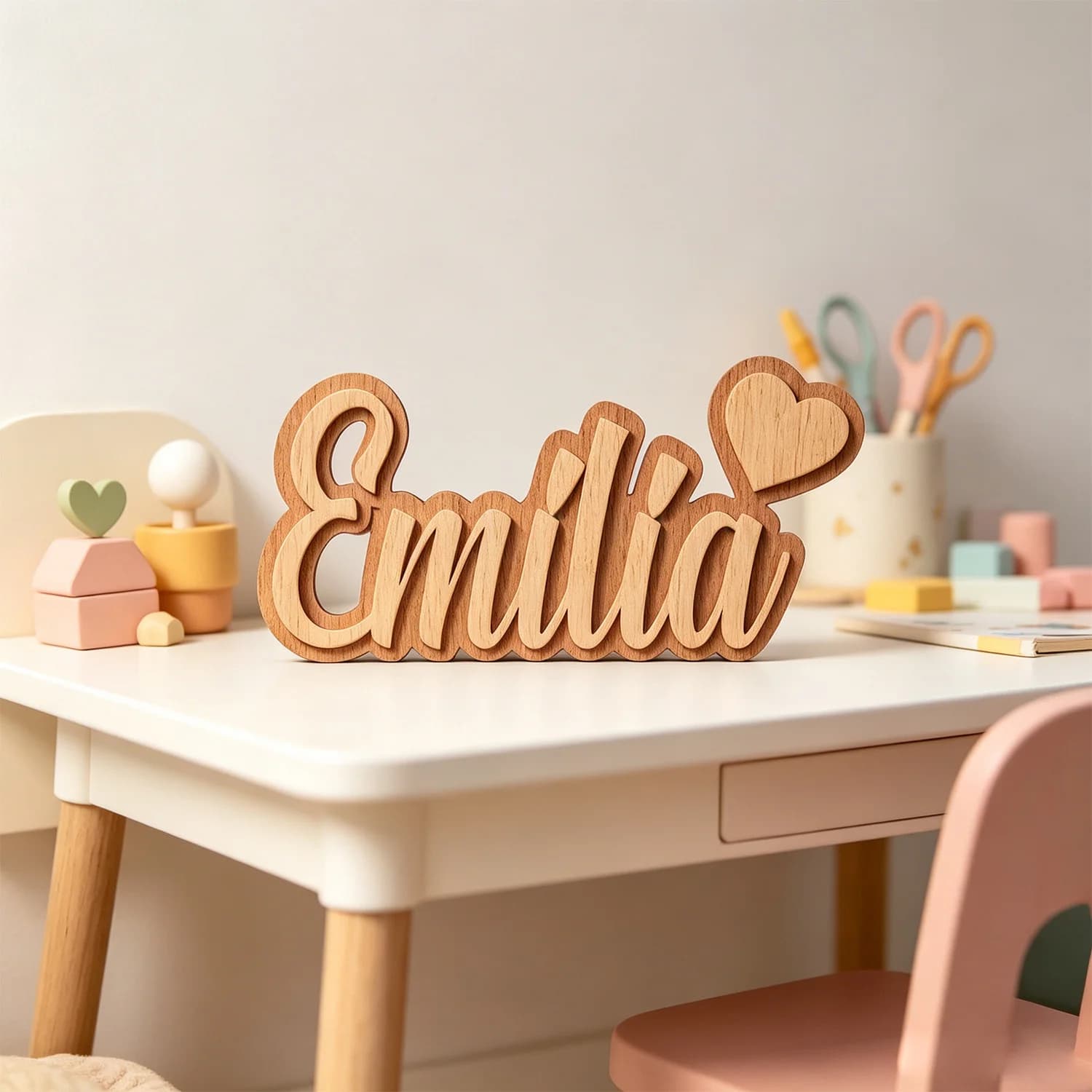 1pc Double-layer Wooden Surname Brand with A Heart Pattern, Holiday Gift Souvenir, Personalized Children's Room Decoration,
