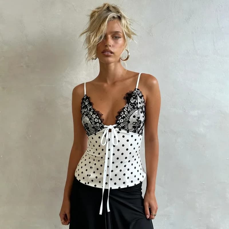 Top Canotta Bianco in Raso Tuularose da Donna, Elegante con Scollo a V, Schiena Scoperta in Pizzo, a Pois, Slim, Estivo, Sexy, per Feste, Stile Y2K