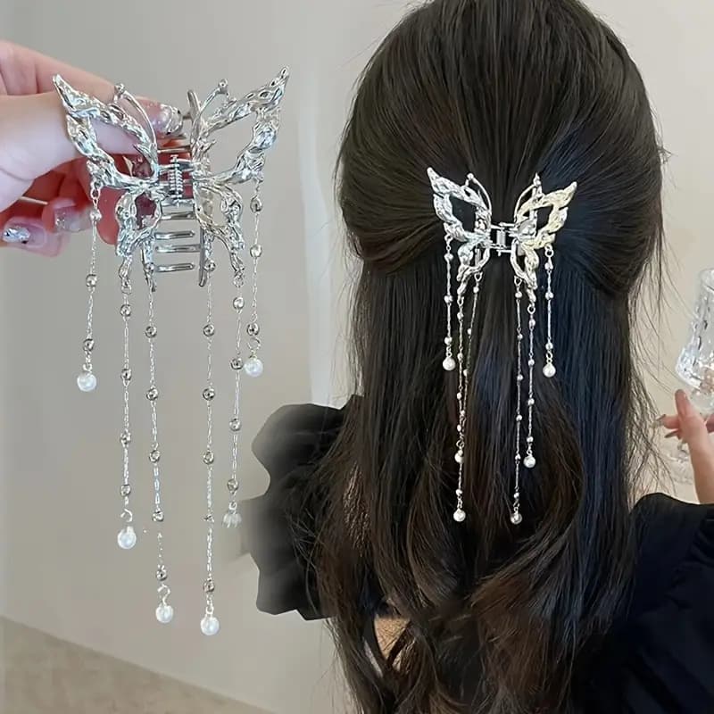 AWAYTR Fermagli per capelli a forma di granchio, accessori per capelli da ragazza, fermaglio coreano semplice per donna, fermaglio a farfalla con perle e nappe