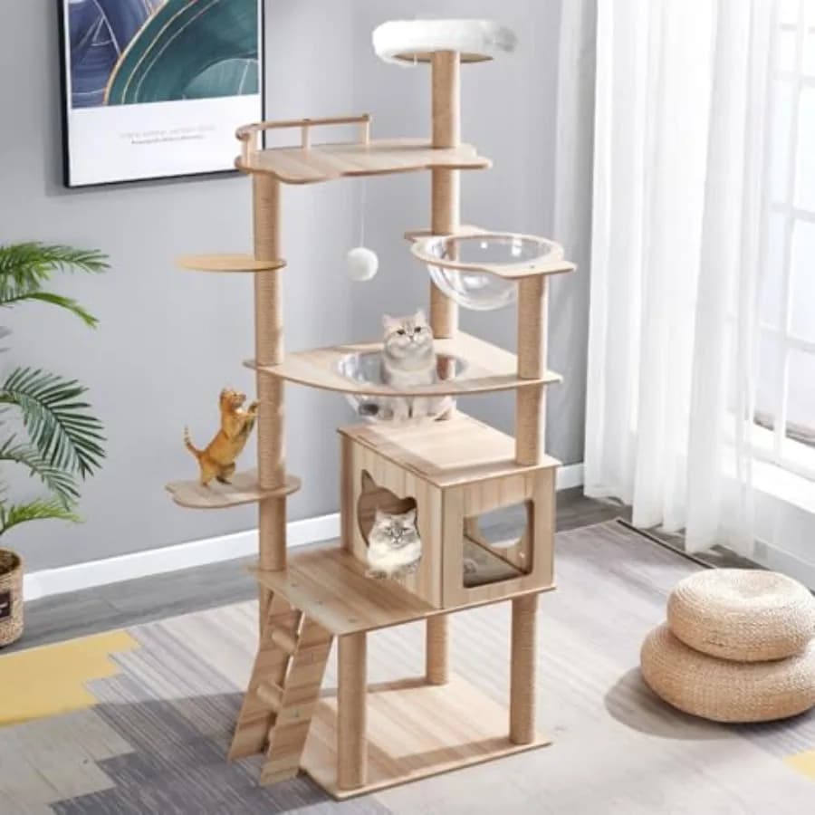 Albero per Gatti Grande da 67 Pollici per Gatti da Interno con Tiragraffi in Sisal, Piattaforma Imbottita, Cuccia, Scale per Gatti, 2 Ciotole, Giocattolo per Gatti sulla Pergola Superiore