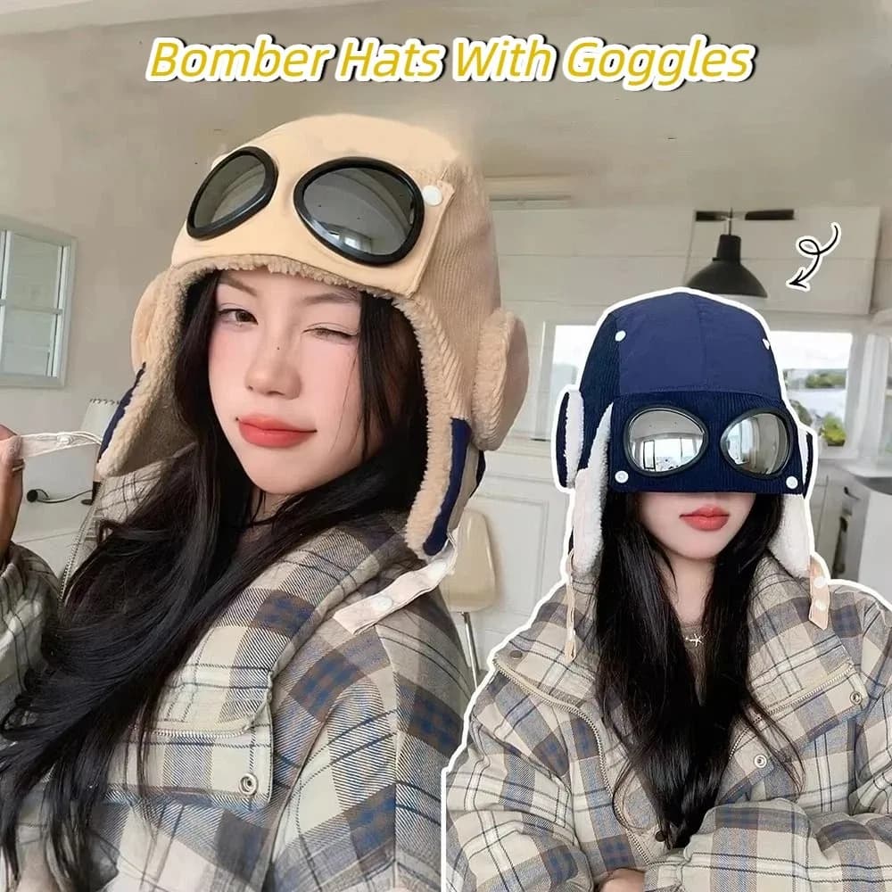 Simple Windproof Winter Pilot Hat With Goggles Anti Fog Beanie Warm Ski Hat Warm Neck Protector Cycling Lei Feng Hat Motorcycle