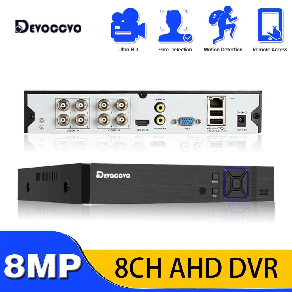 DVR AHD 8MP 4K per Videosorveglianza con Audio e Rilevamento Facciale, 8 Canali, DVR Ibrido 6 in 1 H.265+ XVI TVI CVI NVR AHD DVR Xmeye
