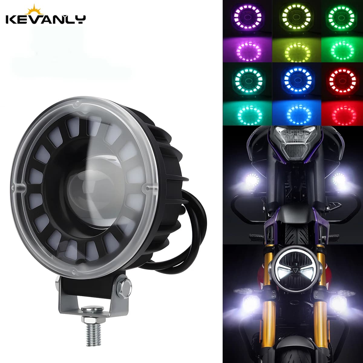 Faro Ausiliario LED per Moto con Lente, Super Luminoso, Doppio Colore, Fascio Alto/Basso con Apertura RGB e Luce Stroboscopica