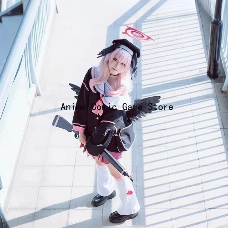 DISPONIBILE - Koharu Shimoe Cosplay Costume by Game Blue Archive, Uniform Anime with Pink Wig, Head and Ali Accessories, Halloween Party Outfit for Women