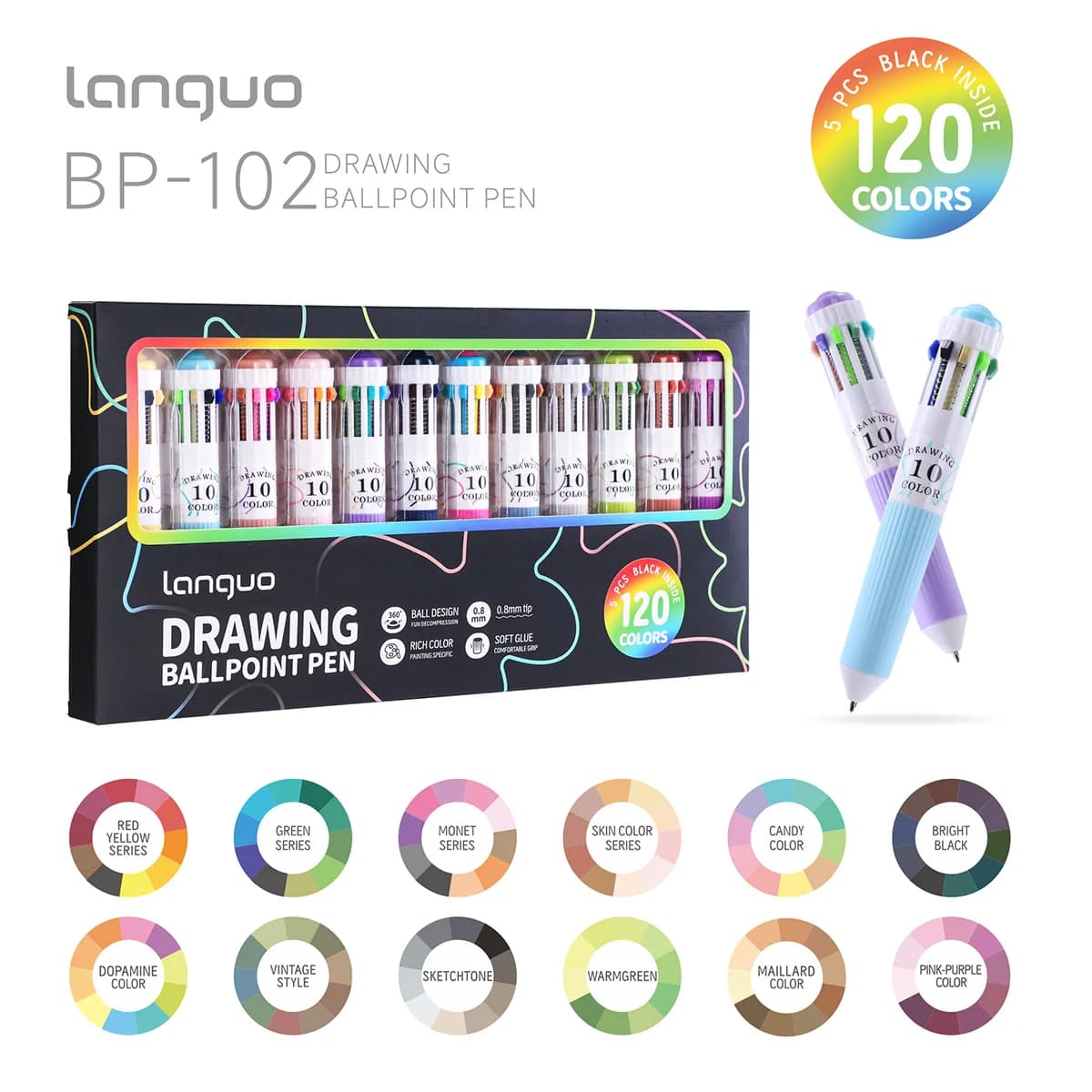 LANGUO Penna a Sfera Colorata 10-in-1, 120/10 Colori, 0.8mm, Multicolore con Disegni Cartoon, Retrattile, per Scuola e Ufficio