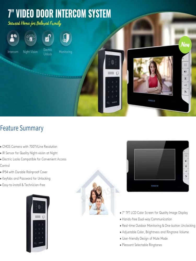 Modern 7" Monitor Video Intercom Doorbell System 2-Way Audio IR Night Vision Camera Security Monitor 1-to-1 Kit for Apartment