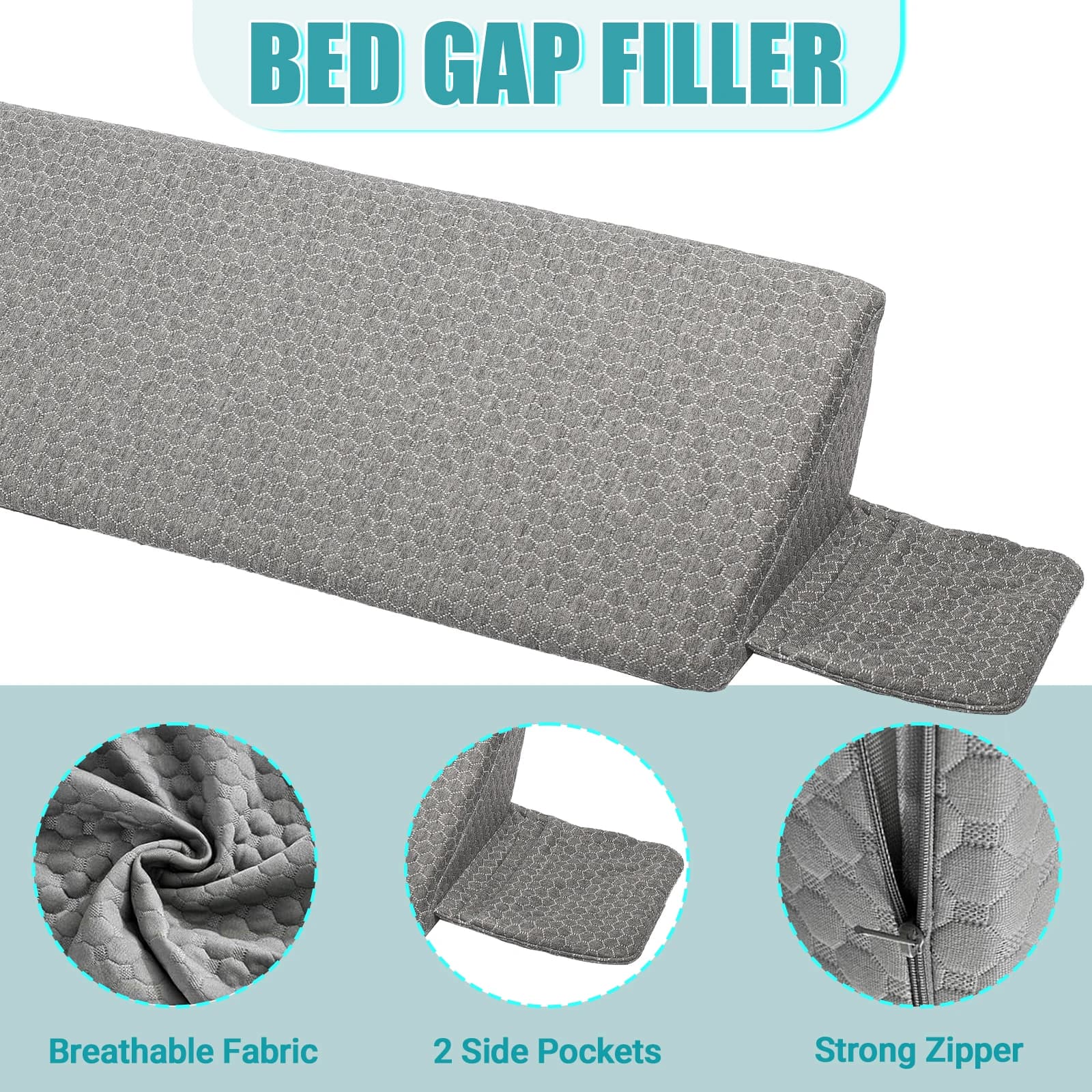 [Long Bolster Triangle Bed Pillow] Bed Wedge Pillow with Side Pocket,Bolster Pillow for Bed, Close The Gap Between Mattress