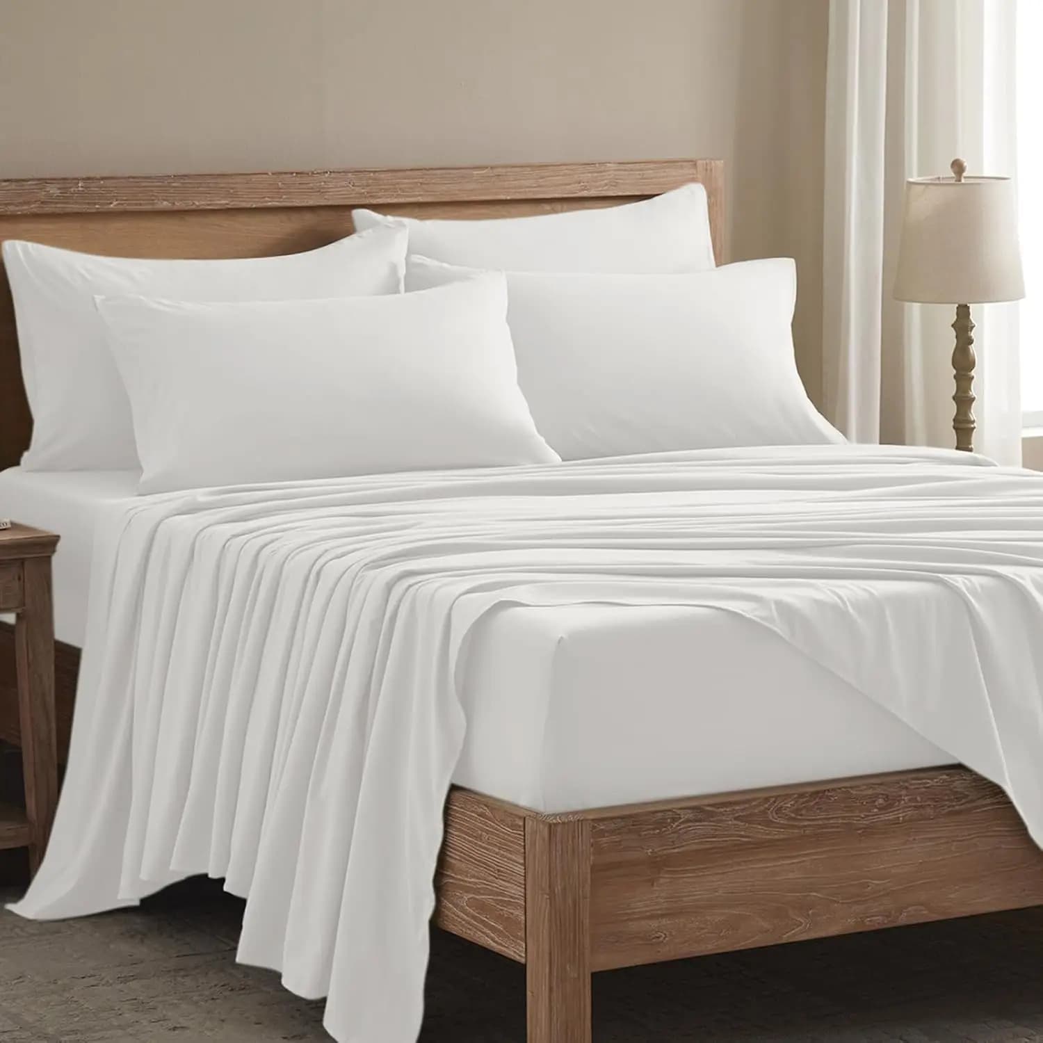 Set di Lenzuola Queen - Set da 6 Pezzi per Letto Queen Size - Set di Biancheria da Letto di Lusso Traspirante e Rinfrescante - Lenzuola Queen Morbide e Confortevoli con Tasche Elasticizzate Profonde 16 Pollici (Bianco Queen)