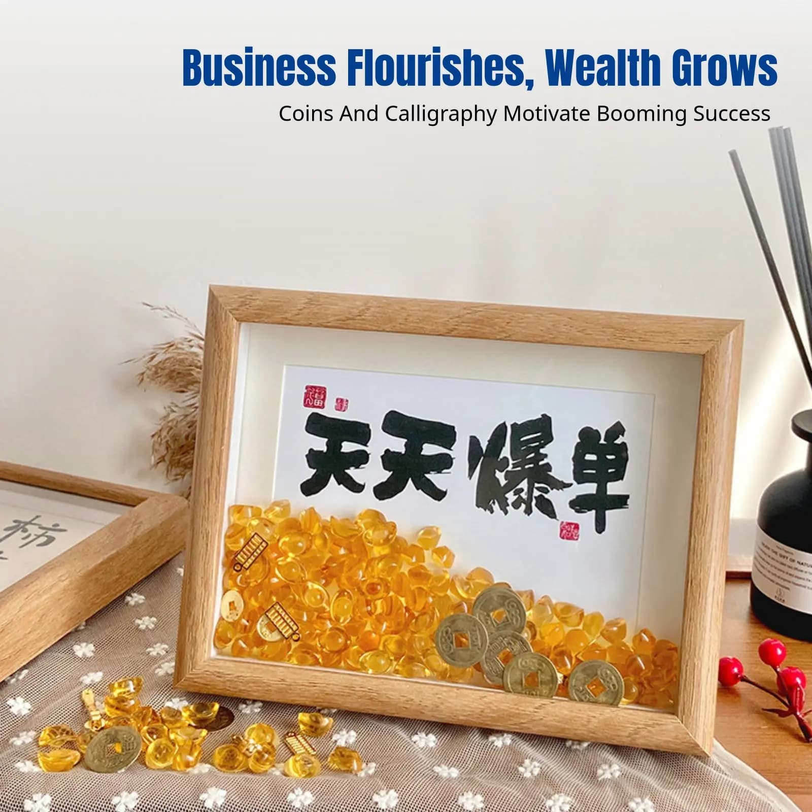 Auspicious Blessing Frame, Modern Calligraphy Painting, Desktop Decoration, Rectangular Wooden Art, Gift for Home or Office
