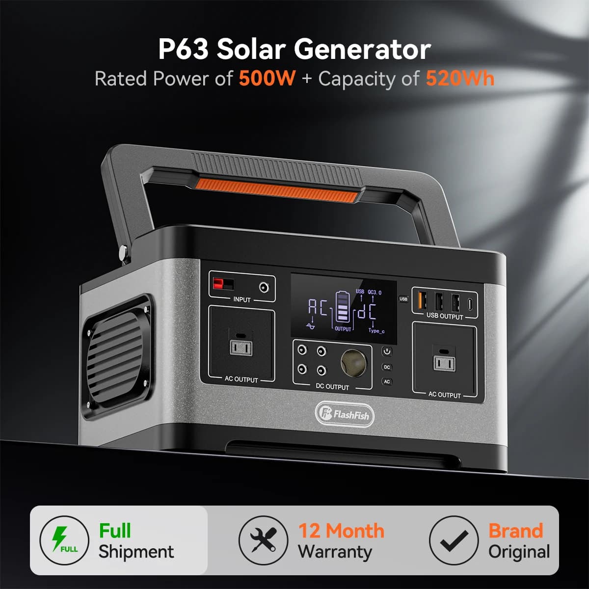 Stazione di Alimentazione Portatile FF FlashFish P63 520Wh, Generatore Elettrico con Onda Sinusoidale Pura, 2 Prese AC 500W (Picco 1000W), 11 Uscite con 4 Prese Accendisigari DC5521 126W, 4 USB Type-C 18W QC3.0, Batter