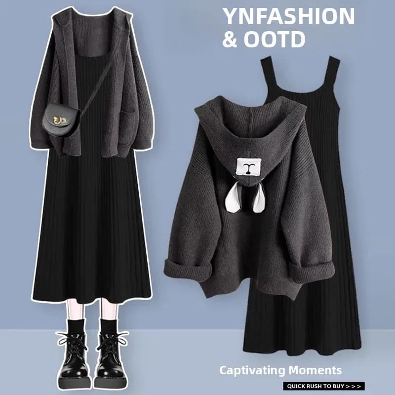 Set Due Pezzi Alla Moda con Cappello Lavorato a Maglia, Giacca e Abito per Donna, Manica Lunga, Autunno 2025, Nuova Collezione del Brand Yigujie