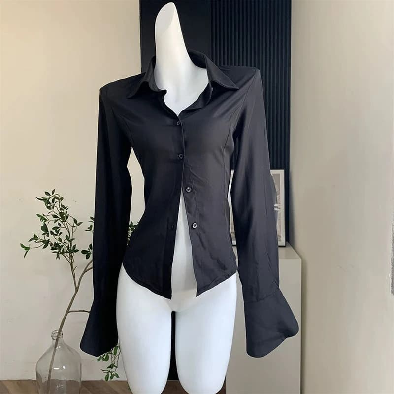Gidyq camicie da donna nere con fasciatura moda coreana All Match Streetwear camicetta sottile femminile primavera camicia a maniche a campana progettata Casual