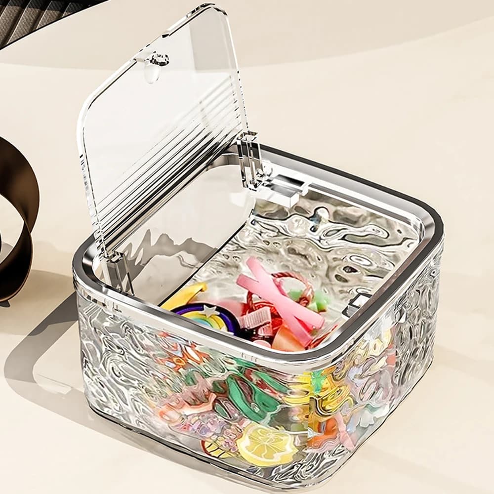 1-piece multifunctional desktop hair accessory organizer box with transparent cover, water ripple pattern, glacier pattern, desktop trash bin with press-open lid, lazy person's living room desktop trash bin
