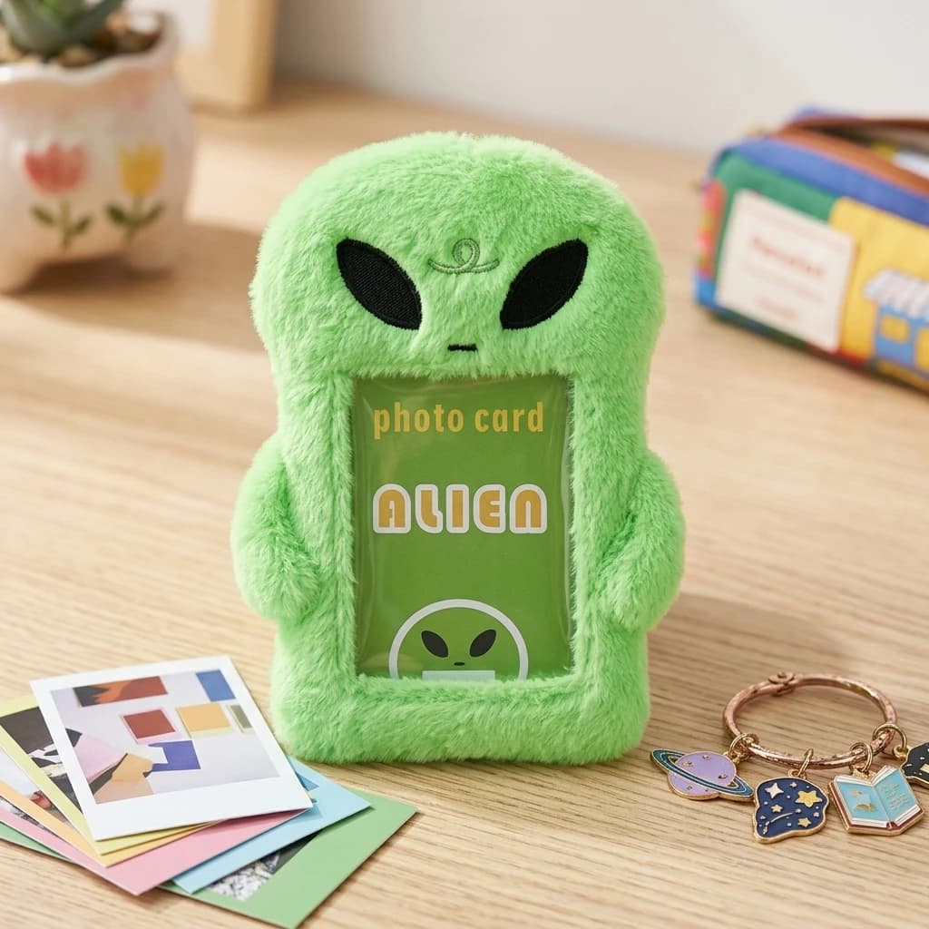 School Bus Card Plush Cartoon Holder Students Fluffy Alien Shape ID Case with Lanyard Cute Animal Badge Photo Protection Pendant