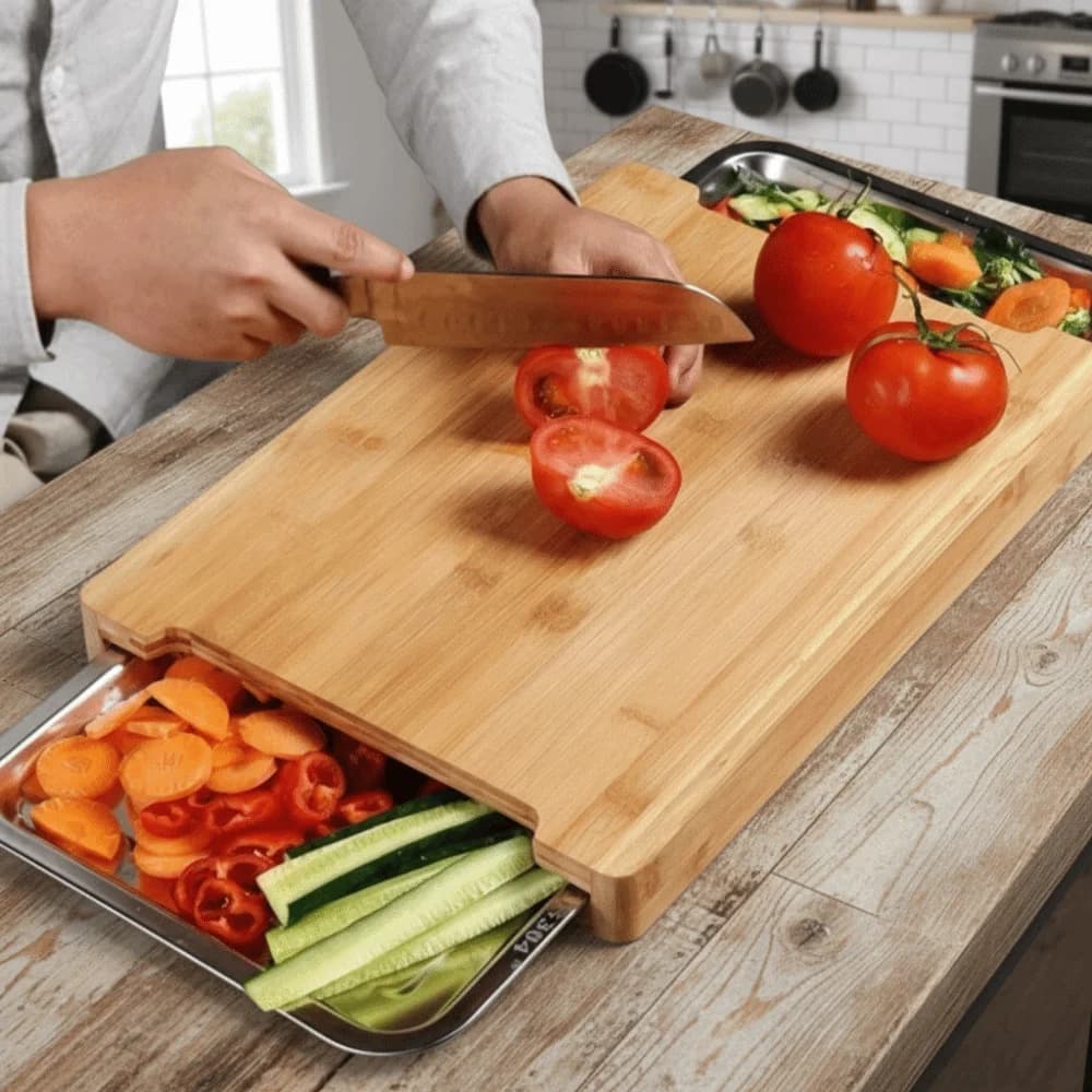 Tagliere in Legno Spesso con Cassetti, Antiscivolo, per Formaggi, in Materiale Naturale, Multifunzionale, Tappetino da Cucina