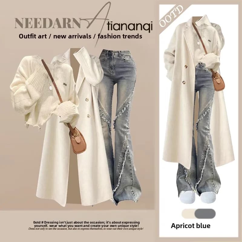 Set Autunnale di Moda: Maglione Lavorato a Maglia, Jeans a Gamba Dritta, T-Shirt, Design a Strati Elegante, Cappotto Snellente, Completo Casual da Donna