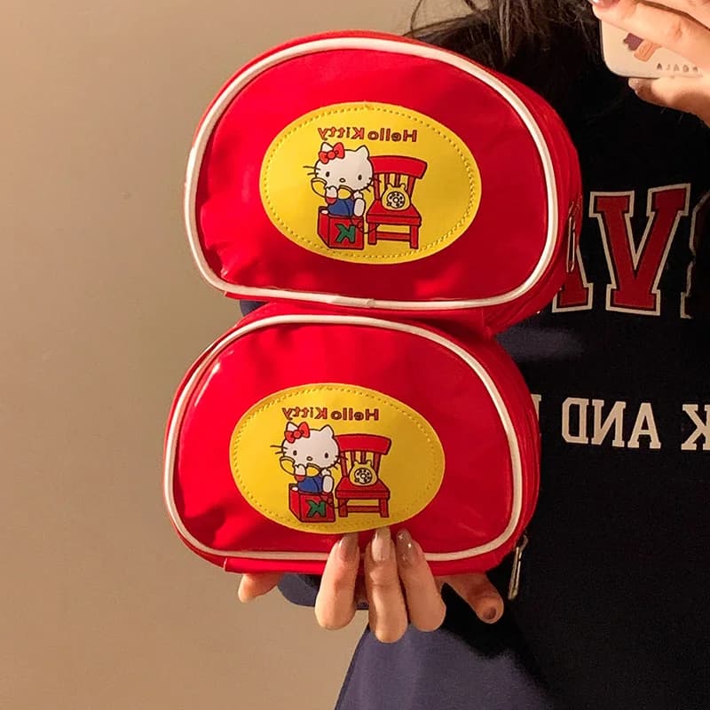 Cute Red Half Moon Makeup Bag Multi Layer Cosmetic Storage Pouch Portable Travel Toiletry Bag Cartoon Style Hand Organizer