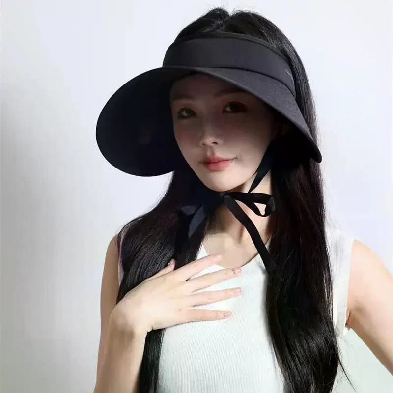 Cappello da sole estivo da donna alla moda, casual, a tesa larga, portatile, da pescatore, con sciarpa parasole rimovibile