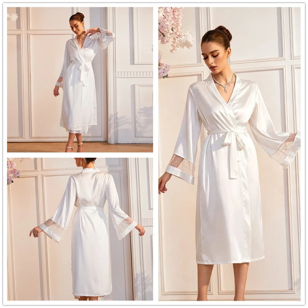 Ice Silk Satin Long Robe Bathrobe Kimono Elegant French Style Sleepwear Night Dress Patchwork Lace Negligee Homewear