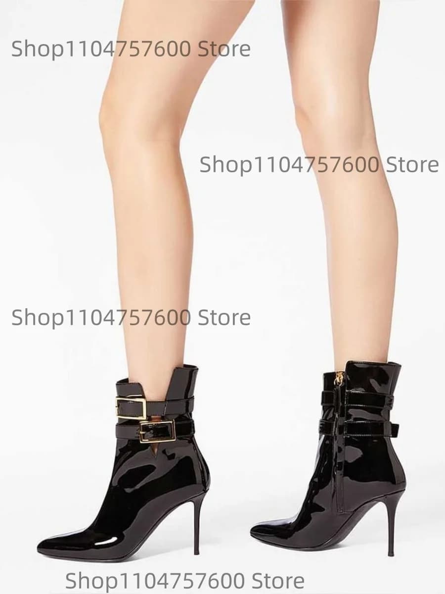 Stivaletti in pelle verniciata nera da donna Punta a punta Tacchi a spillo Cerniera laterale Fibbia per cintura Donna Elegante ufficio Taglie forti Botas