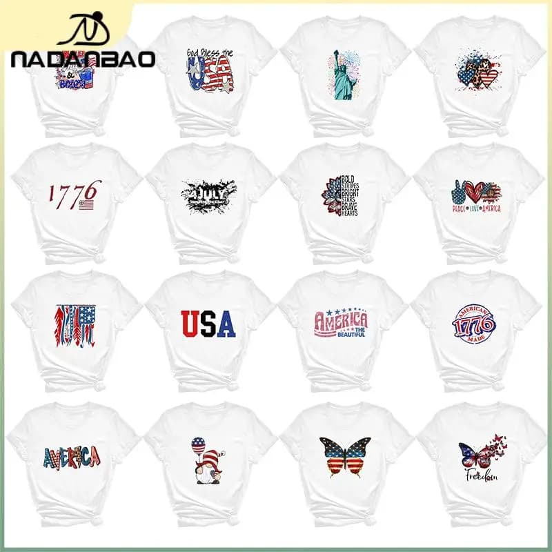 Nadanbao T-shirt grafiche con lettere USA per donna T-shirt estiva a maniche corte con stampa patriottica bianca Abbigliamento casual per le vacanze