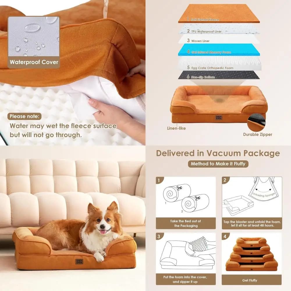 Extra large dog bed in waterproof memory foam with anti-slip base and removable cover in orange pumpkin