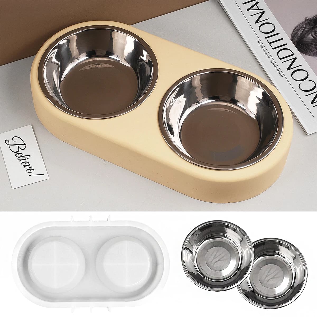 Fai da te doppio ciotola per alimenti per animali domestici stampo in silicone cibo per animali domestici cibo per cani/gatti contenitore per acqua accessori strumenti per la creazione di stampi per ciotola in gesso per calcestruzzo