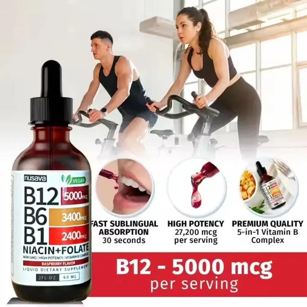 2 flaconi di vitamina B12 B6 B1 in gocce liquide da 5000 mcg, integratore sublinguale di complesso B, favorisce il metabolismo energetico e il sistema immunitario.
