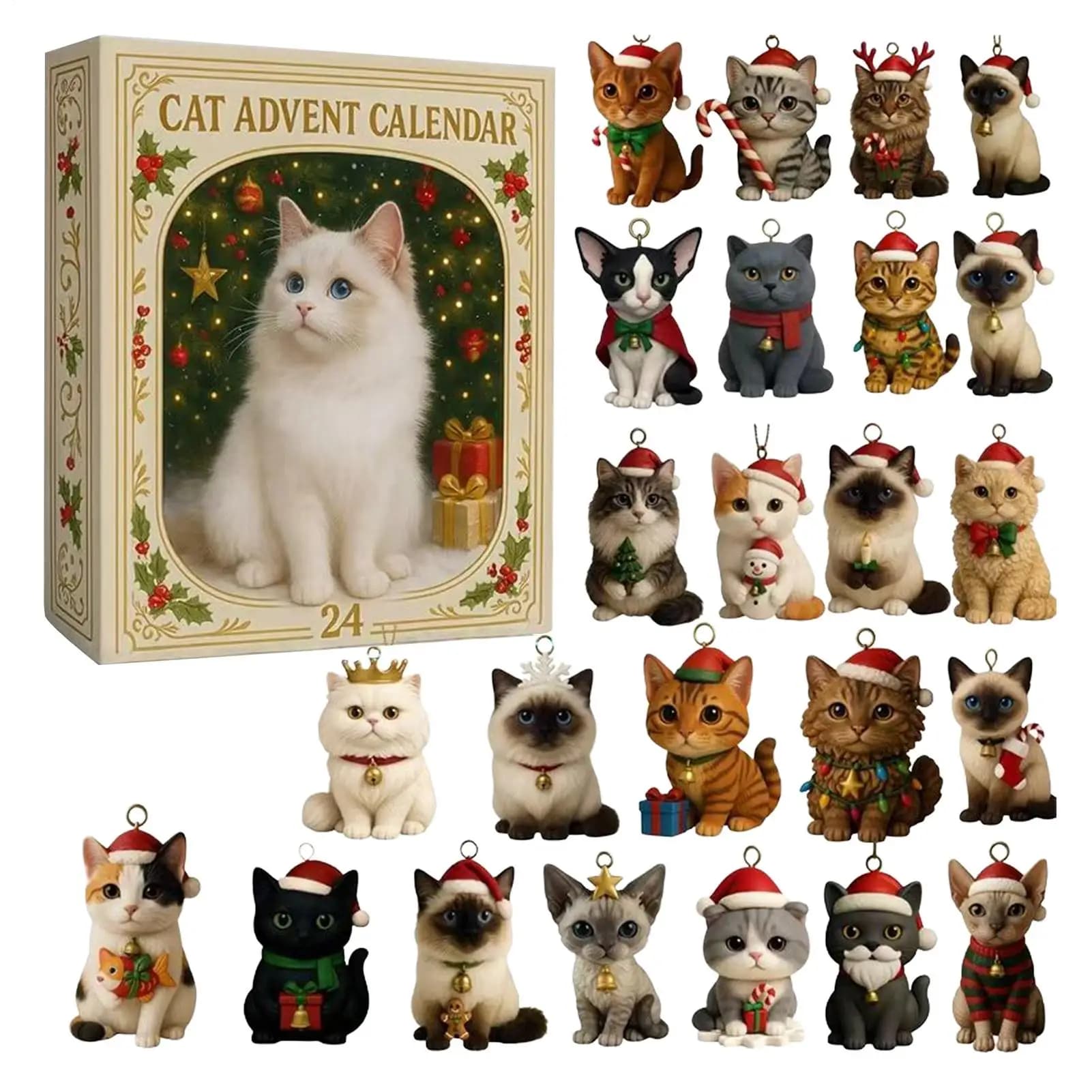 Calendario dell'Avvento 2025 Conto alla rovescia di Natale da 24 giorni con 24 pezzi Decorazione per albero di gattino carino acrilico 2D per regali di Natale per gli amanti dei gatti