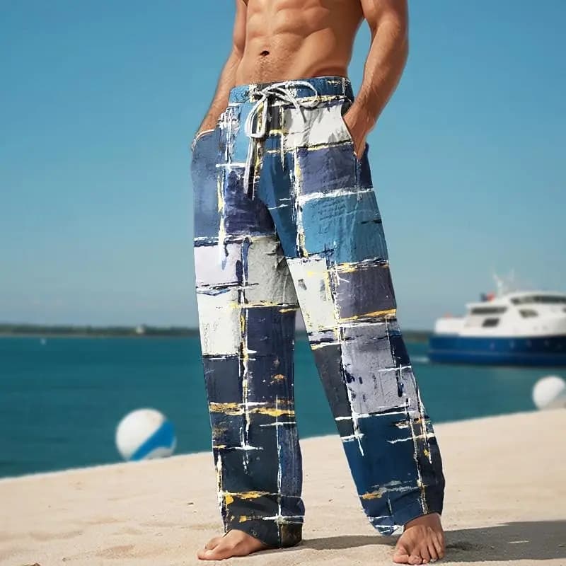 Men's Plaid Color Block Trousers Baggy Pants Casual Pants Mid Waist Elastic Drawstring Waist Pants for Men Streetwear Fall