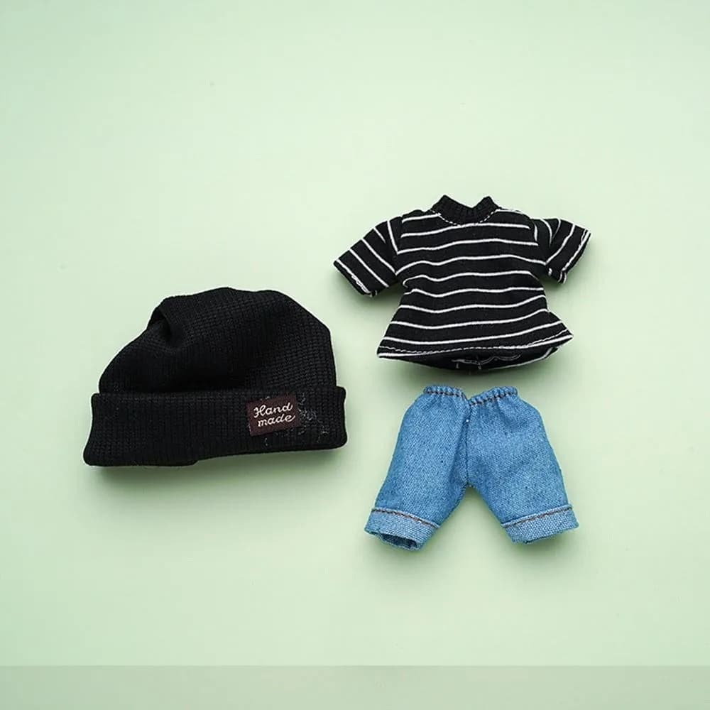 17cm Set di vestiti per bambole moda top t-shirt a righe Jeans pantaloni cappello in miniatura lavorato a maglia per 1/8 Bjd Doll Dressup Ob11 vestiti giocattoli