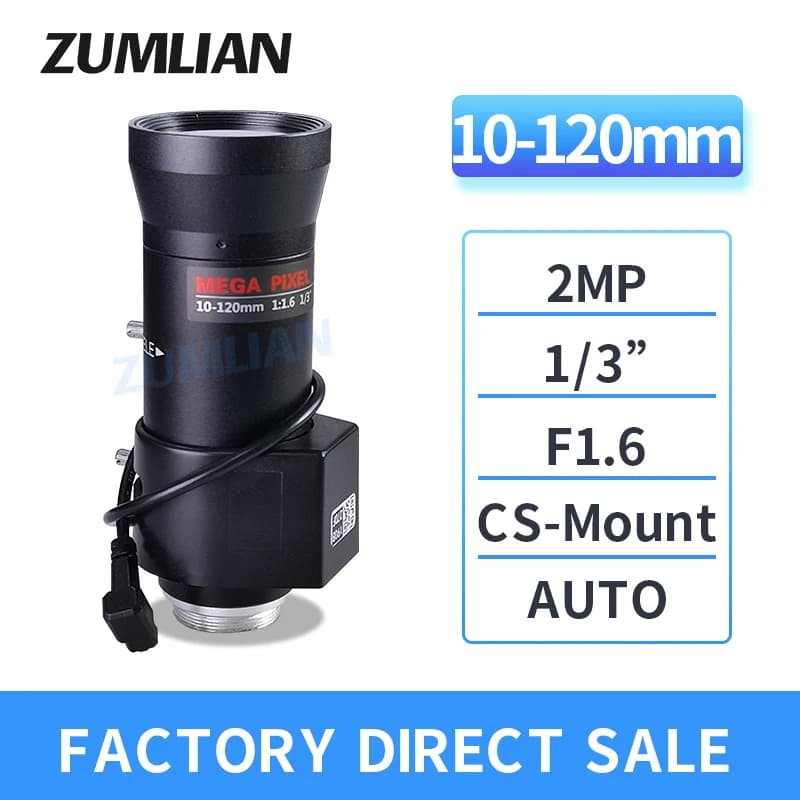 ZUMLIAN obiettivo Zoom 10-120mm CCTV sorveglianza stradale CS-Mount 1/3 pollici Auto Iris F1.6-360 2MP obiettivo fotocamera varifocale IR 2Megapixel