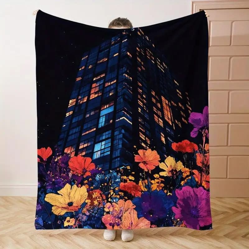 Floral night scene pattern Flannel printed blanket suitable for all seasons suitable for living room office sofa and travel