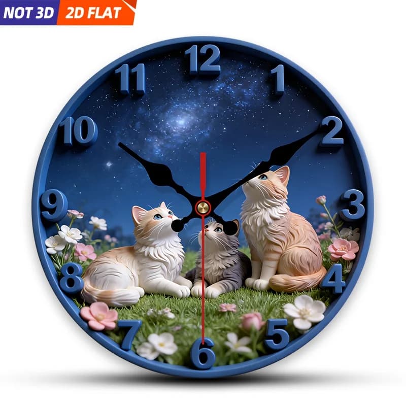 2D Piatto. 1 pezzo. Orologio da parete a tema Cat Grass And Starry Sky, orologio decorativo silenzioso, orologio da parete creativo, adatto per decorare