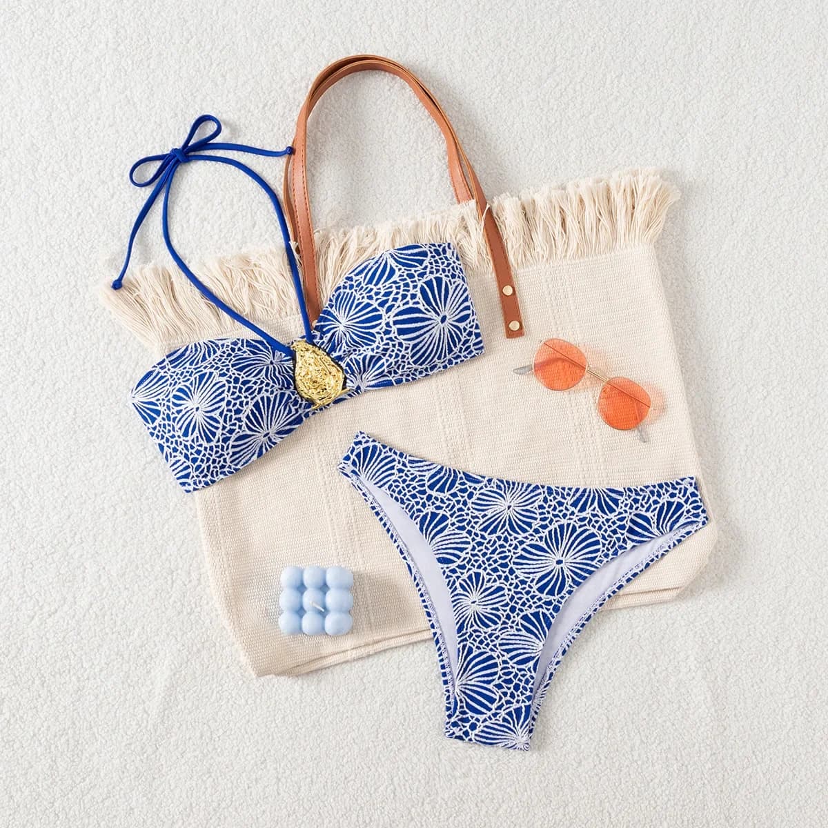 Costume da bagno a fascia blu, bikini a perizoma da donna, sexy, stampato, con allacciatura al collo, imbottito, per mare e spiaggia, estivo